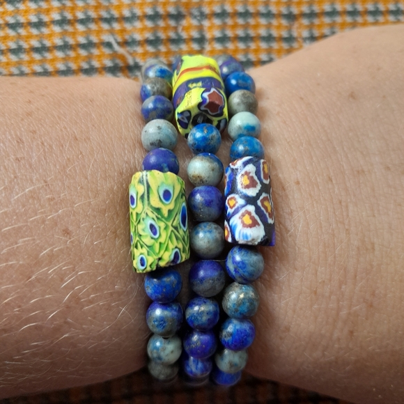 Set - Lapis and Trade Bead Bracelets - Picture 2 of 4